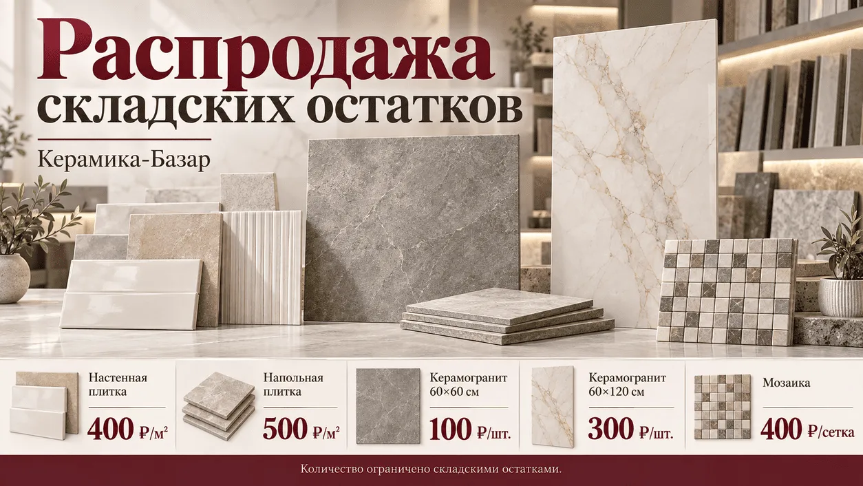 Распродажа: плитка от 400 ₽/м² и керамогранит от 100 ₽/шт.